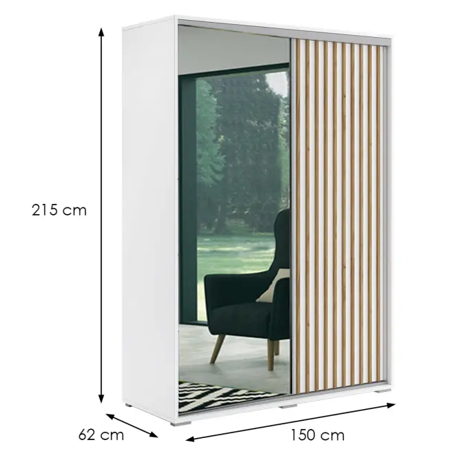 Skriňa Kair 150 cm so zrkadlom – biela/craft zlatý, lamely, dvojdverová