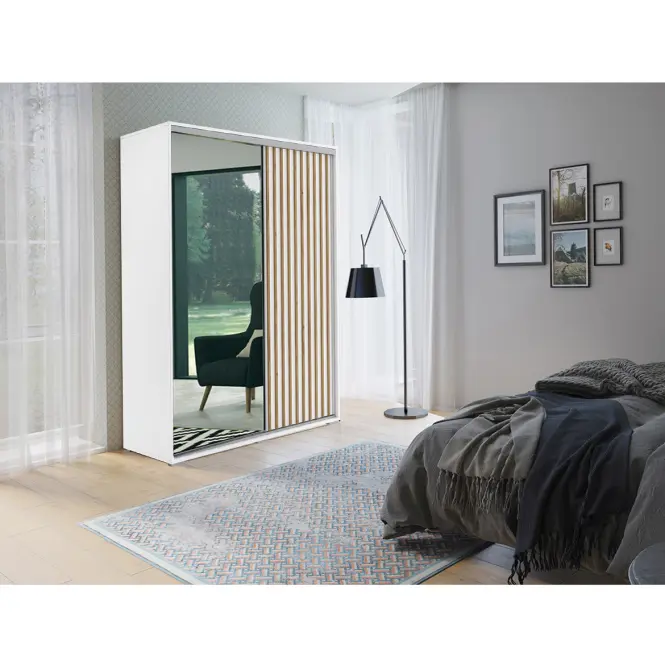 Skriňa Kair 150 cm so zrkadlom – biela/craft zlatý, lamely, dvojdverová