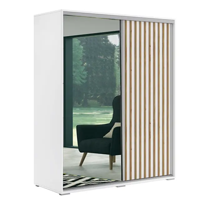 Skriňa Kair 200 cm so zrkadlom – biela/craft zlatý, lamely, dvojdverová