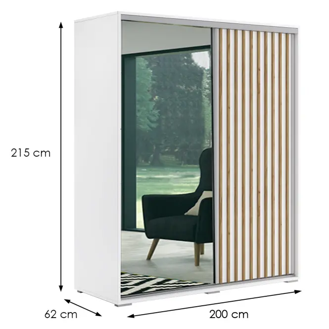 Skriňa Kair 200 cm so zrkadlom – biela/craft zlatý, lamely, dvojdverová,2