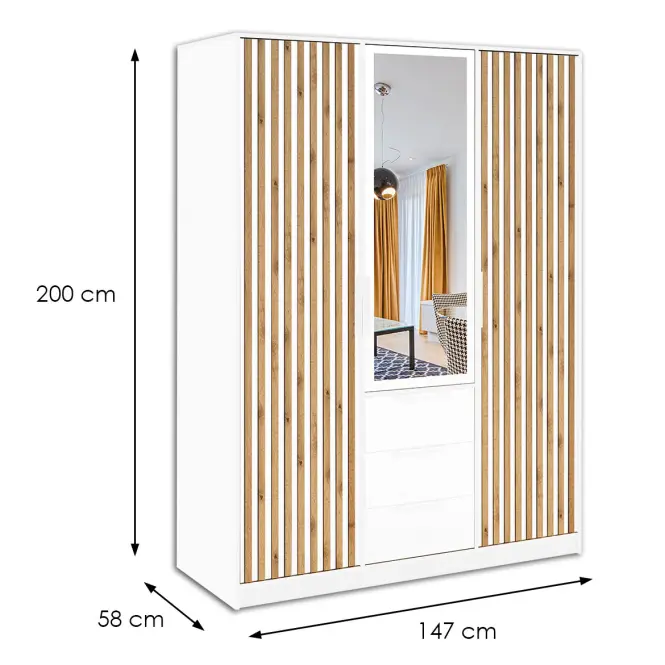 Skriňa Bali D3 LUX 149 cm so zrkadlom – biela/dub wotan, lamely, trojdverová, zásuvky,2