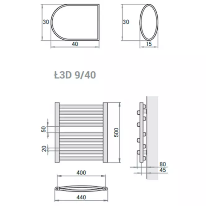 Kúpeľňový radiátor Łezka 3D Ł3D 9/40 čierna 500x440 mm