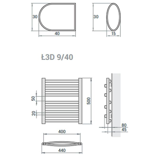 Kúpeľňový radiátor Łezka 3D Ł3D 9/40 čierna 500x440 mm,4