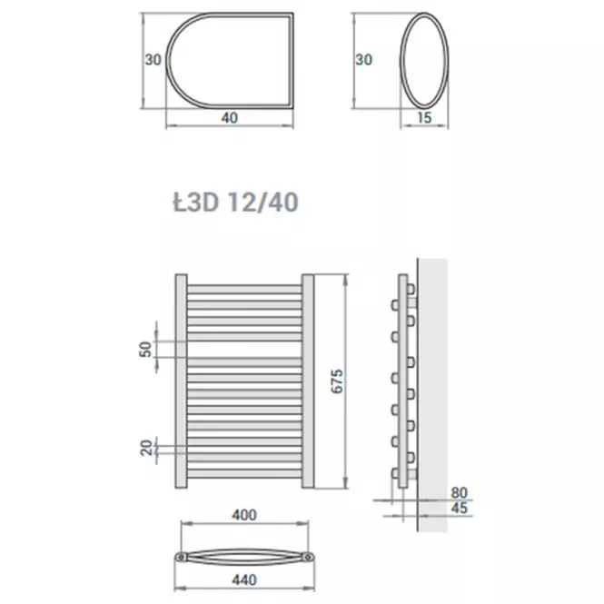 Kúpeľňový radiátor Łezka 3D Ł3D 12/40 čierna 675x440 mm,4