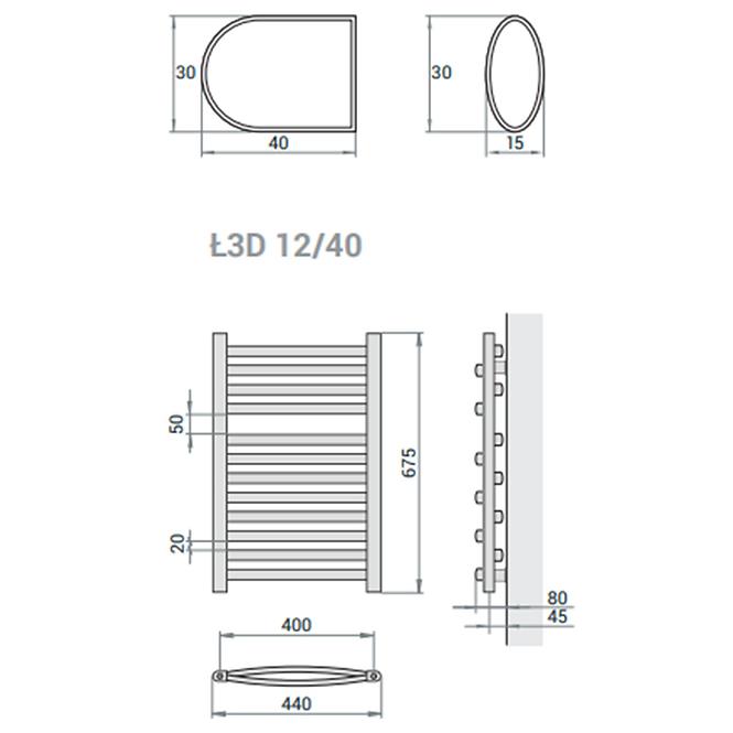 Kúpeľňový radiátor Łezka 3D Ł3D 12/40 čierna 675x440 mm,4