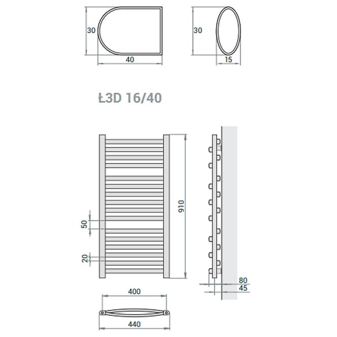Kúpeľňový radiátor Łezka 3D Ł3D 16/40 čierna 910x440 mm