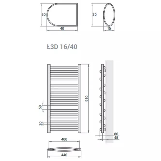 Kúpeľňový radiátor Łezka 3D Ł3D 16/40 čierna 910x440 mm,3