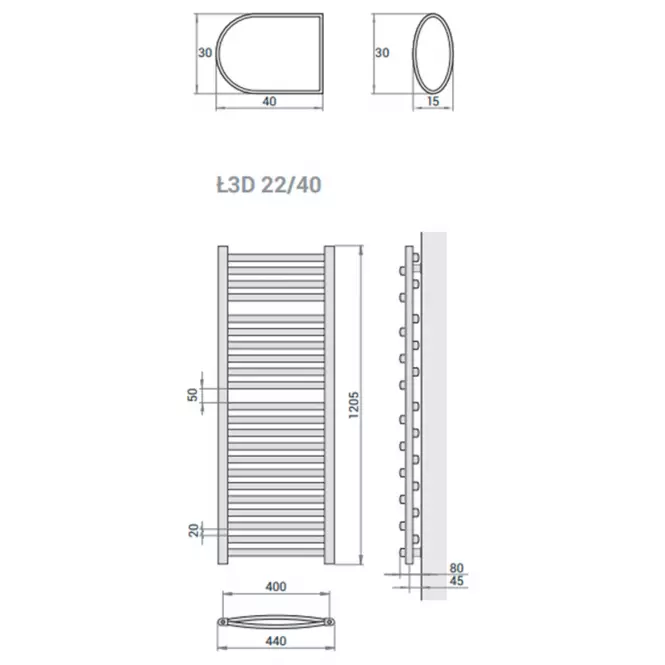Kúpeľňový radiátor Łezka 3D Ł3D 22/40 čierna 1205x440 mm,4