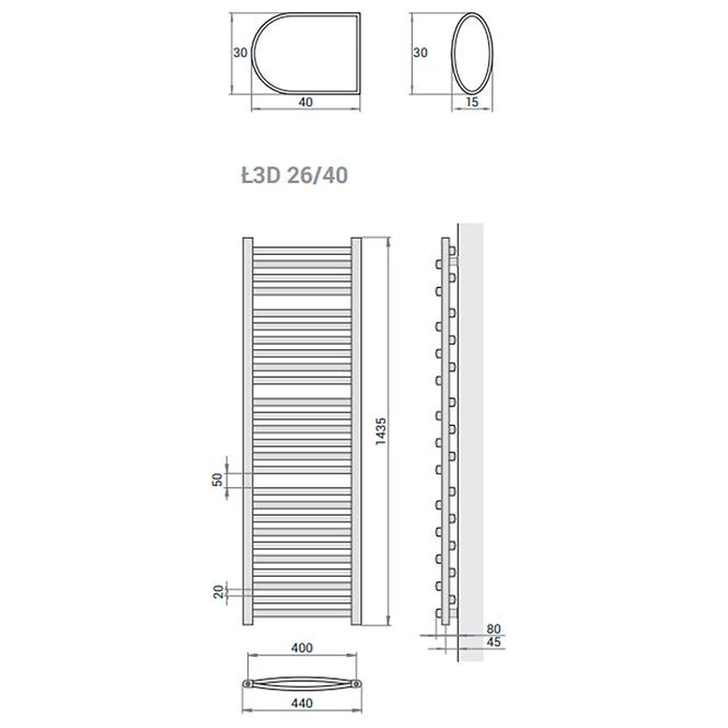 Kúpeľňový radiátor Łezka 3D Ł3D 26/40 čierna 1435x440 mm
