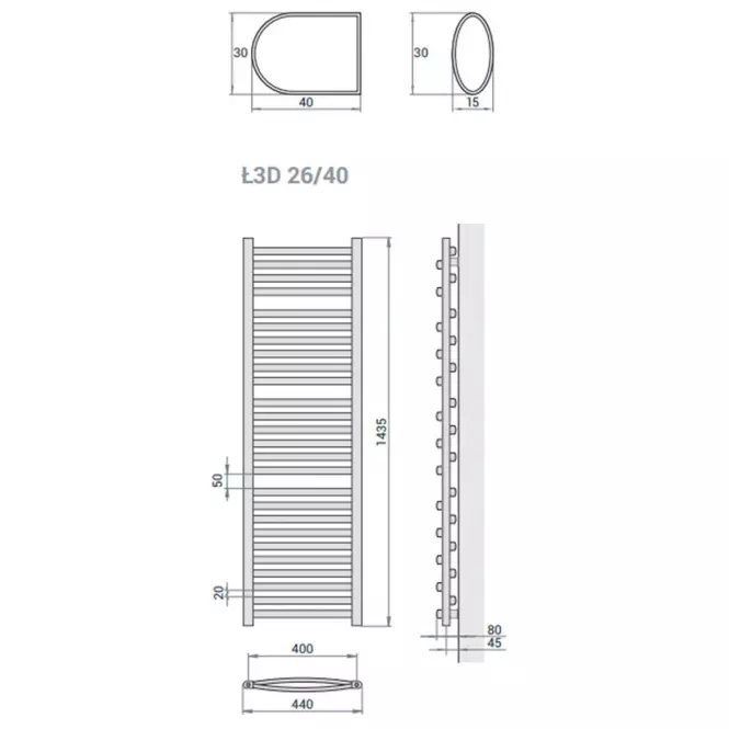 Kúpeľňový radiátor Łezka 3D Ł3D 26/40 čierna 1435x440 mm,3