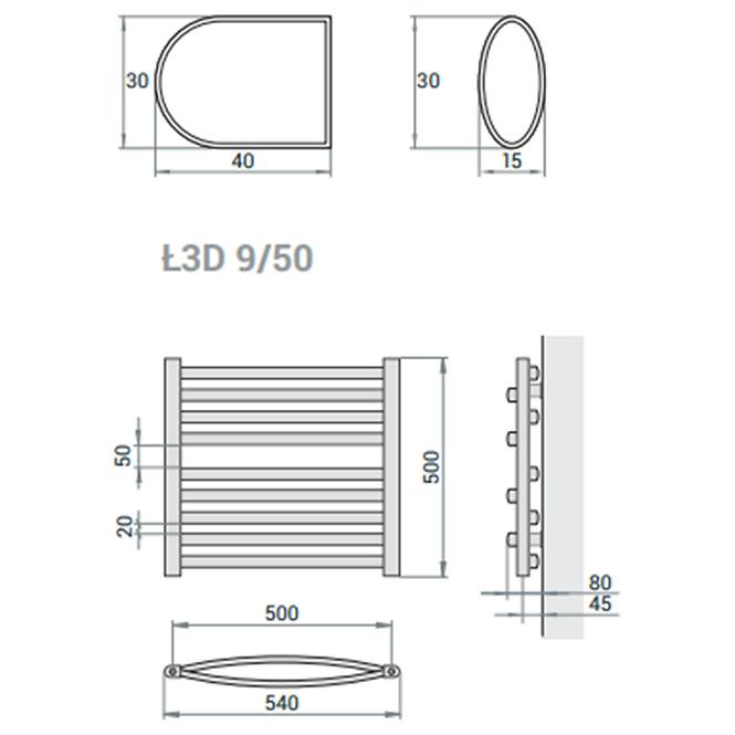 Kúpeľňový radiátor Łezka 3D Ł3D 9/50 čierna 500x540 mm