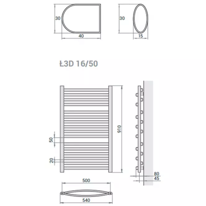 Kúpeľňový radiátor Łezka 3D Ł3D 16/50 čierna 910x540 mm,3