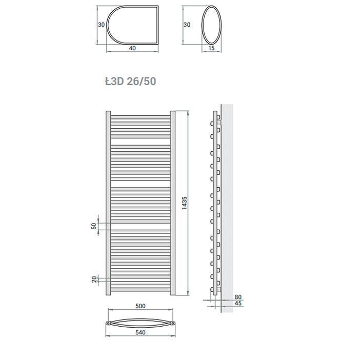 Kúpeľňový radiátor Łezka 3D Ł3D 26/50 čierna 1435x540 mm