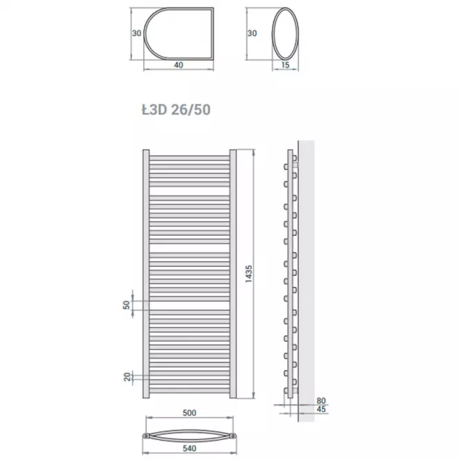 Kúpeľňový radiátor Łezka 3D Ł3D 26/50 čierna 1435x540 mm,2