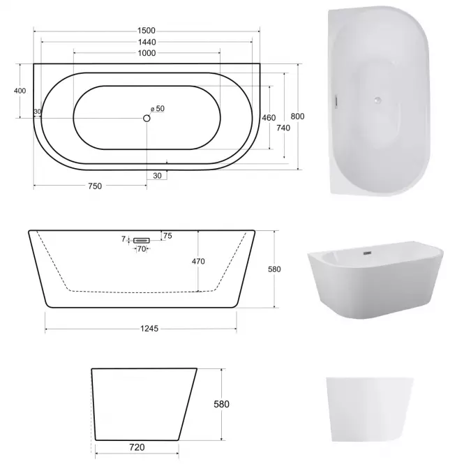 Voľne stojaca vaňa pristenná Vica New 150/80+sifón klik klak čierna s prepadom slim čiernym