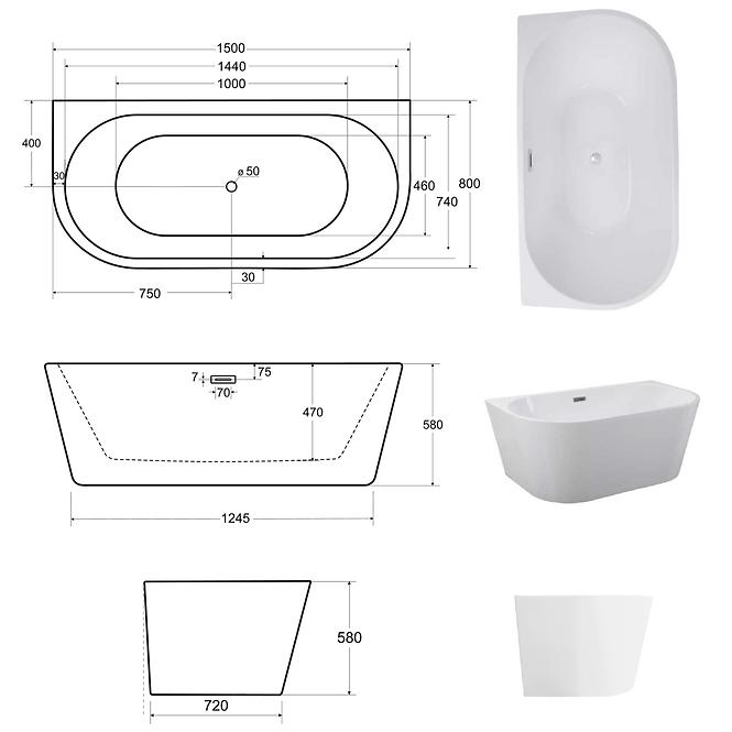 Voľne stojaca vaňa pristenná Vica New 150/80+sifón klik klak čierna s prepadom slim čiernym,3