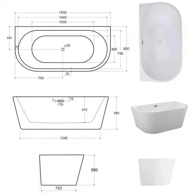 Voľne stojaca vaňa pristenná Vica New 150/80+sifón klik klak zlatá s prepadom slim zlatým