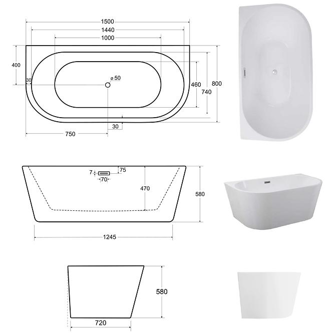 Voľne stojaca vaňa pristenná Vica New 150/80+sifón klik klak zlatá s prepadom slim zlatým