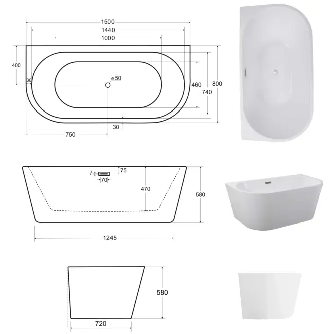 Voľne stojaca vaňa prístenná Vica New 150/80+sifón klik klak zlatá s prepadom slim zlatým,3