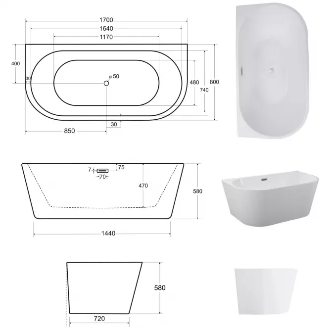 Voľne stojaca vaňa prístenná Vica New 170/80 + sifón klik klak s prepadom slim chróm