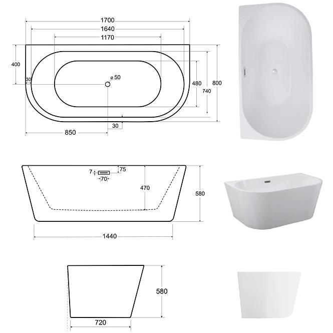 Voľne stojaca vaňa prístenná Vica New 170/80 + sifón klik klak s prepadom slim chróm