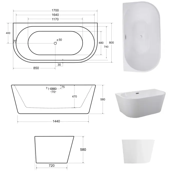Voľne stojaca vaňa prístenná Vica New 170/80 + sifón klik klak s prepadom slim chróm,3