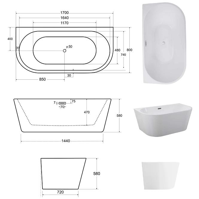 Voľne stojaca vaňa pristenná Vica New 170/80+sifón klik klak zlatá s prepadom slim zlatým