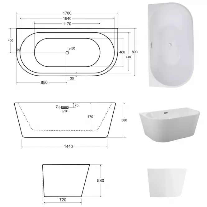 Voľne stojaca vaňa prístenná Vica New 170/80+sifón klik klak zlatá s prepadom slim zlatým,3