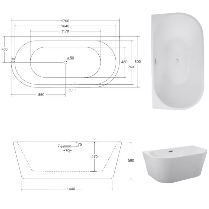 Voľne stojaca vaňa prístenná Vica New 170/80 + sifón klik klak s prepadom slim čiernym