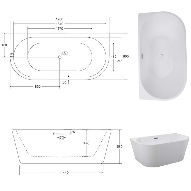Voľne stojaca vaňa prístenná Vica New 170/80 + sifón klik klak s prepadom slim čiernym