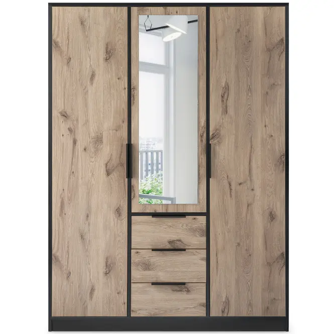 Skriňa Duarte D3 149 cm so zrkadlom – dub viking/čierna, trojdverová, zásuvky,2