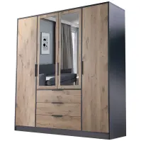 Skriňa Duarte D4 196 cm so zrkadlom – čierna/dub viking, štvordverová, zásuvky