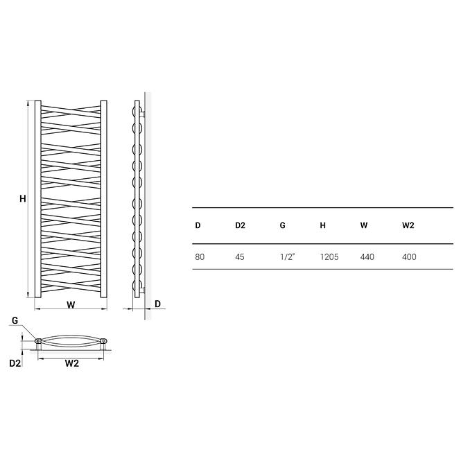 Kupelnovy radiátor Łezka 3D Ł3DX 2240 čierna 1205x440 mm