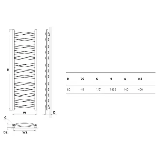 Kúpeľňový radiátor Łezka 3D Ł3DX 2640 čierna 1435x440 mm,2