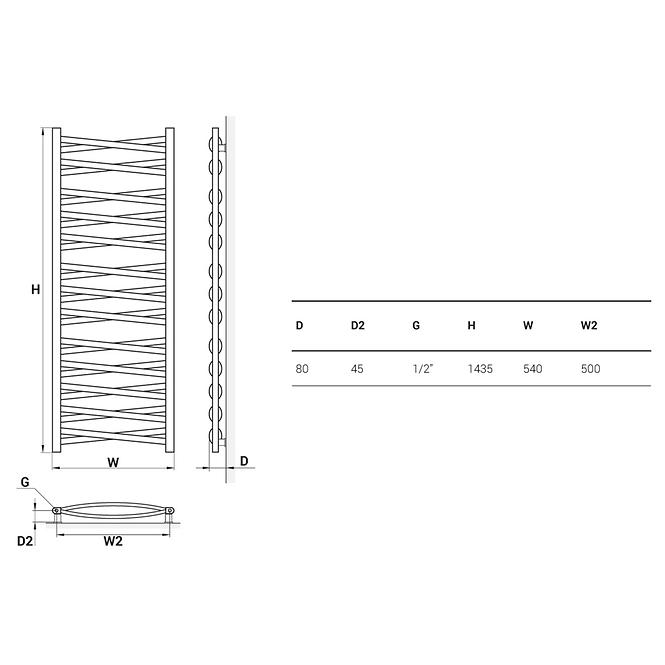 Kúpeľňový radiátor Łezka 3D Ł3DX 2650 čierna 1435x540 mm