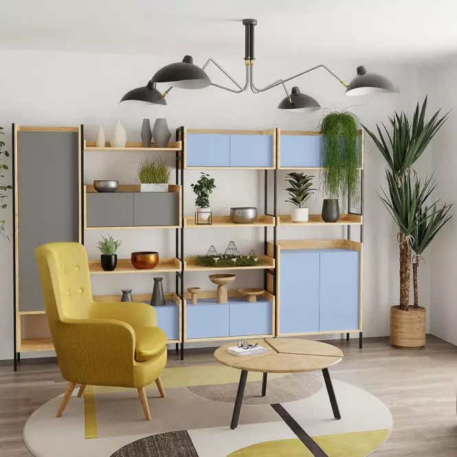 Písací stôl Mobius 2s hikora/modrý horizont