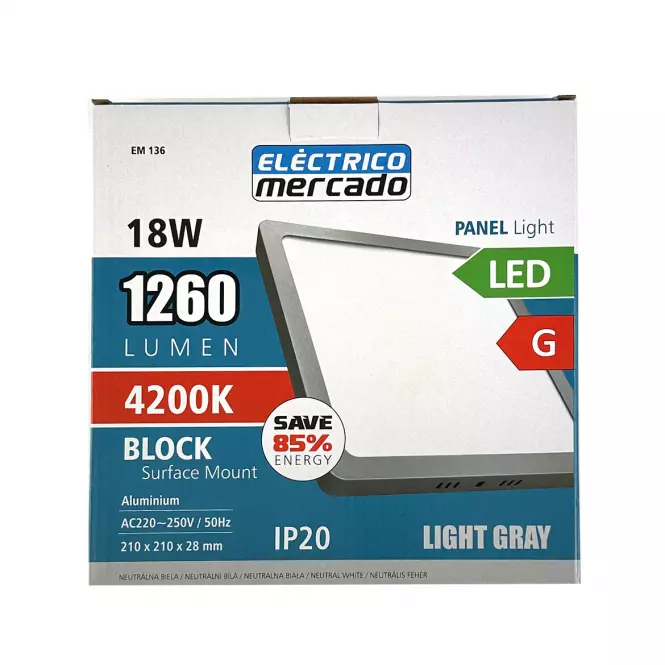 LED panelový blok 18W 4200K štvorcová svetlo šedá