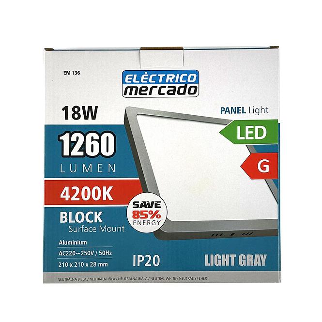LED panelový blok 18W 4200K štvorcová svetlo šedá