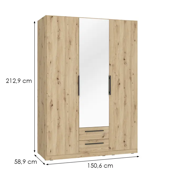 Skriňa Cadixo 150,6cm so zrkadlom- dub artisan, trojdverová, zásuvky