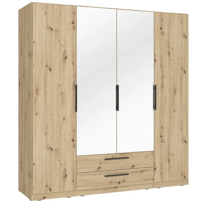 Skriňa Cadixo 200,3cm so zrkadlom- dub artisan, štvordverová, zásuvky