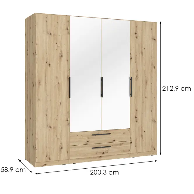 Skriňa Cadixo 200,3cm so zrkadlom- dub artisan, štvordverová, zásuvky