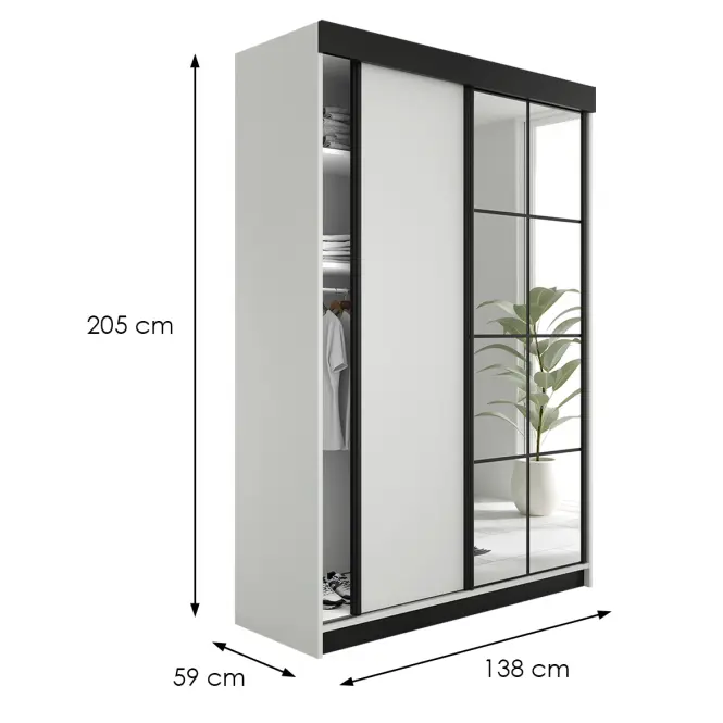 Skriňa s posuvnými dverami Lamaro 138 cm so zrkadlom – biela, dvojdverová