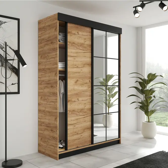 Skriňa s posuvnými dverami Lamaro 138 cm so zrkadlom – dub craft zlatý, dvojdverová