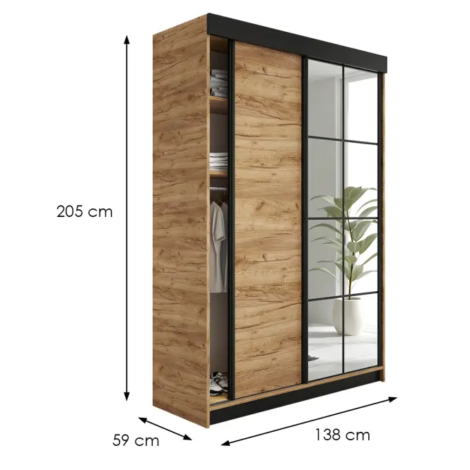 Skriňa s posuvnými dverami Lamaro 138 cm so zrkadlom – dub craft zlatý, dvojdverová