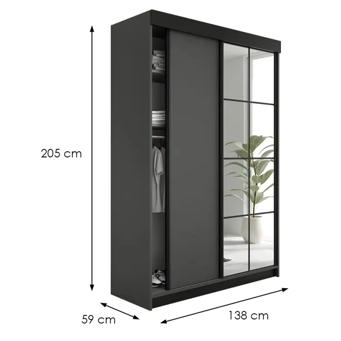 Skriňa s posuvnými dverami Lamaro 138 cm so zrkadlom – grafit antracit, dvojdverová