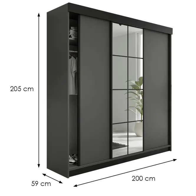 Skriňa s posuvnými dverami Lamaro 200 cm so zrkadlom – grafit antracit, trojdverová