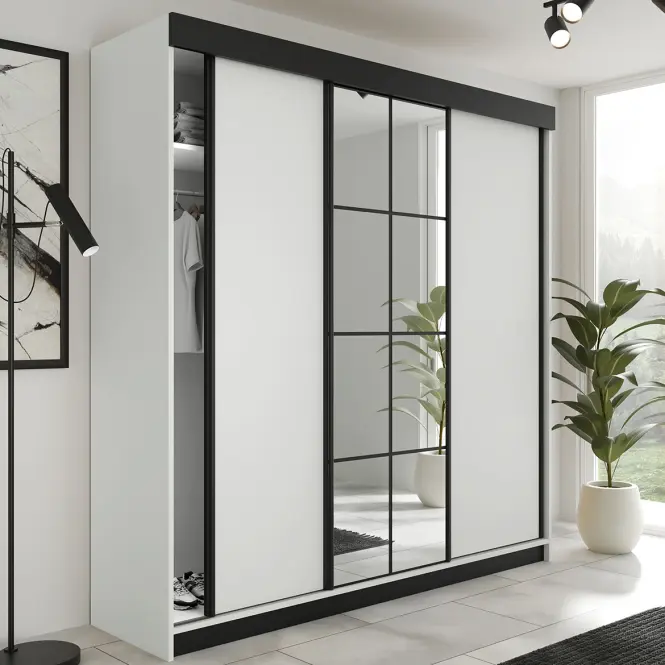 Skriňa s posuvnými dverami Lamaro 250 cm so zrkadlom – biela, trojdverová