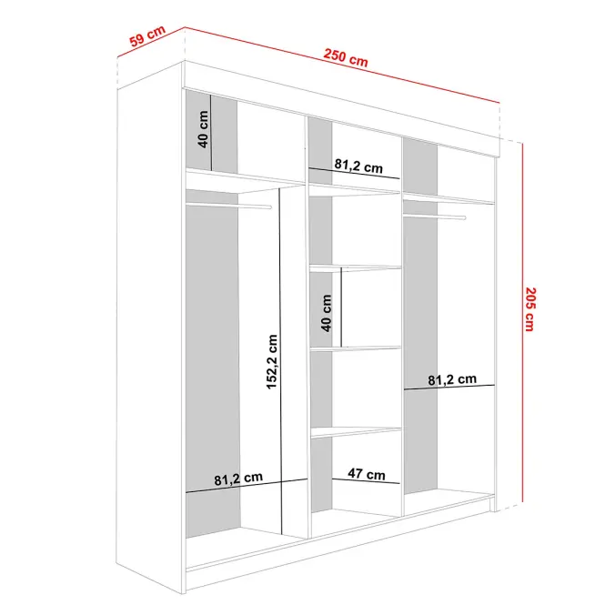 Skriňa s posuvnými dverami Lamaro 250 cm so zrkadlom – biela, trojdverová