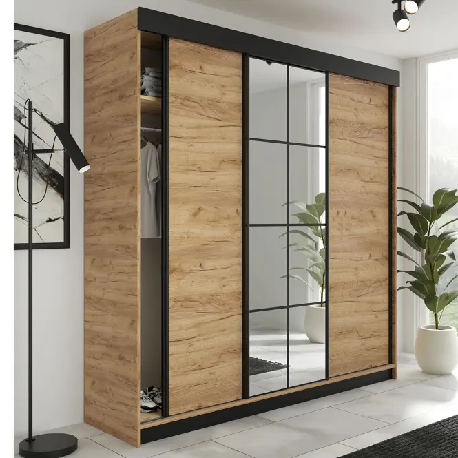 Skriňa s posuvnými dverami Lamaro 250 cm so zrkadlom – dub craft zlatý, trojdverová