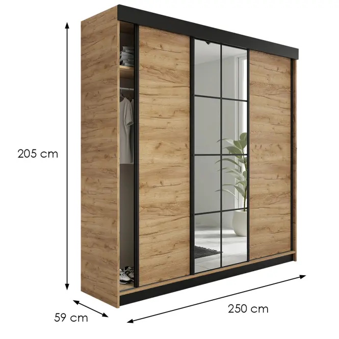 Skriňa s posuvnými dverami Lamaro 250 cm so zrkadlom – dub craft zlatý, trojdverová